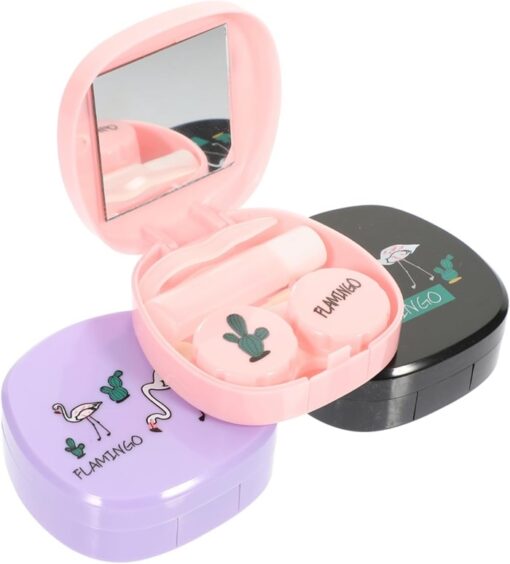 Contact lens case with mirror is shown in pink, black, and purple color.
