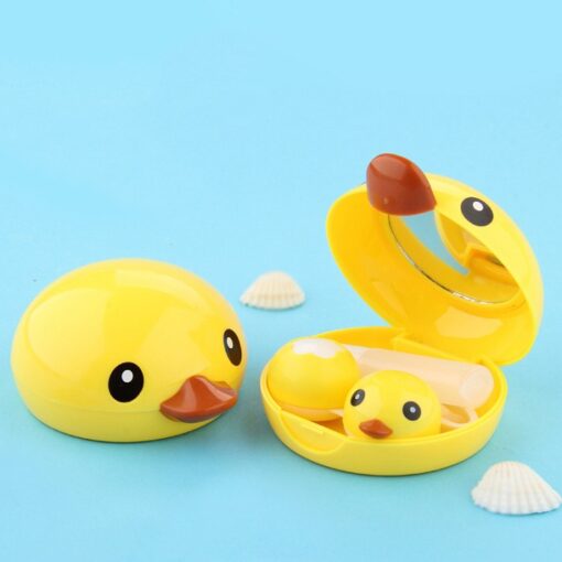 Yellow color duck shape contact lens case with mirror is shown in blue color.