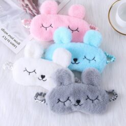 Closed eye rabbit design plush eye mask is presented in grey, white, sky blue, and light pink color