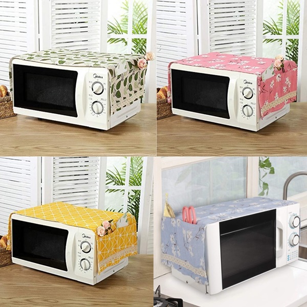 Anvazise Foldable Microwave Oven Dust Cover with Side Pocket Cotton Flax  Comfortable Touch Microwave Top Cover Home Supplies 