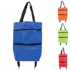 Blue color foldable shopping trolley bag is placed on the left. On the right foldable shopping trolley bag is shown in red, green, and orange color.