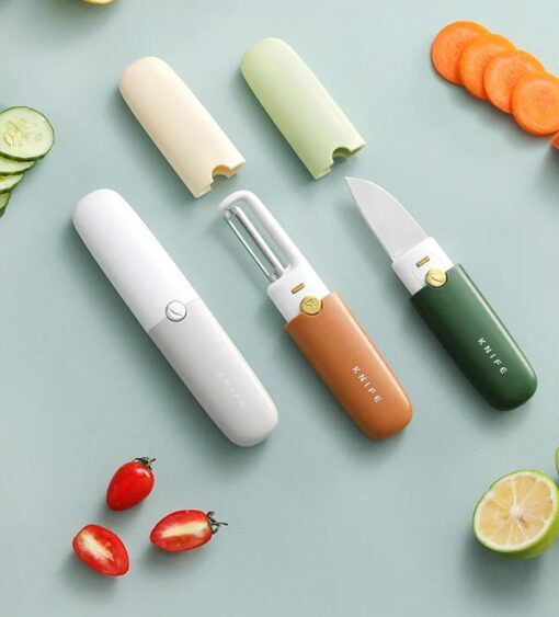 2 in 1 peeler and knife shown in 3 different color combinations.
