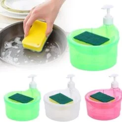 Woman is cleaning dishes in sink using soap dispenser pump with sponge.