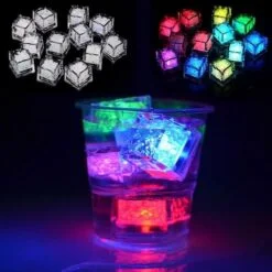 Multicolor LED Ice cube light is inserted in a glass. On the left hand side grey led ice cube lights are shown. On the right hand side multicolor led ice cube lights are shown.