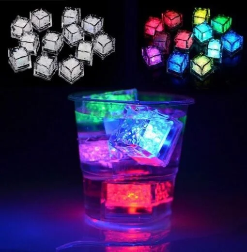 Multicolor LED Ice cube light in a glass and outside.