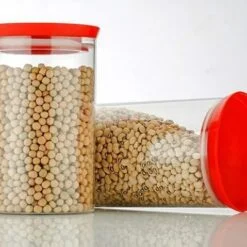 1st vertical food container is used to store chickpeas. 2nd vertical food container is used to store black eyed peas.