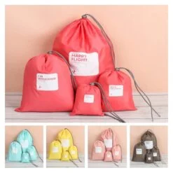 Drawstring storage bag sets are presented in different colors.
