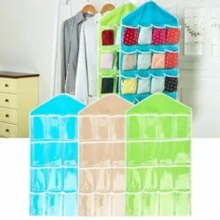 Socks and hankies are organized in a 16 pocket hanging organizer besides shirts in a wardrobe space. 16 pocket hanging organizer are shown in blue, pink, and green color