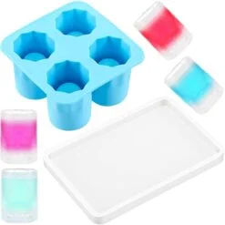 Blue color ice shot glass mould is located besides different color ices.