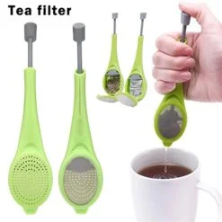 Woman is using tea bag infuser while making tea for her. Green color Tea bag strainer picture is shown from front and back.