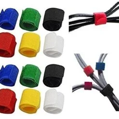 Wires are organized using velcro cable ties on the right. Blue, green, black, red, yellow, and white velcro cable ties are given