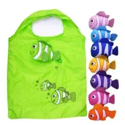 Neon color, fish print folding grocery bag is wide open besides other color bags.