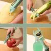 Woman using multi functional peeler in different ways and on different vegetables and fruits.
