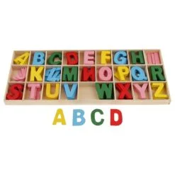 Wooden alphabets is organized in a wooden alphabets grid tray.