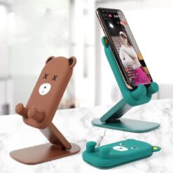 Brown color cute mobile stand on the left hand side and green color cute mobile stand on the right hand side.
