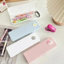 Pink, white, and blue color plastic pencil box case.