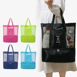 Woman is carrying black color travel mesh bag while travelling.