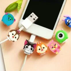 Cute cartoon data cable protector is presented in different designs.