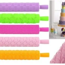 Plastic embossing rolling pin are shown in different colors