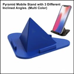 Blue color pyramid mobile holder. At the back, a mobile is mounted on a black color pyramid mobile holder.