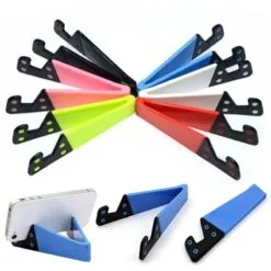 V shape foldable mobile holder is shown in multiple different colors at the top. At the bottom, a mobile is mounted on a blue color foldable mobile holder.