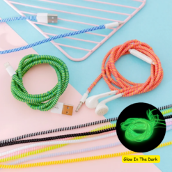 Glow in dark spiral cord protector shown in green, orange, blue, and yellow color.