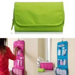 Hanging toiletry travel bag is mounted near wash basin and a woman is using it. Green, pink, and blue color toiletry bags are shown in the picture