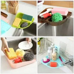 kitchen sink corner drainer is being used to keep soaps and sponges.