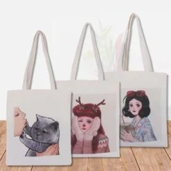 Reusable grocery bag is shown in 3 different prints.
