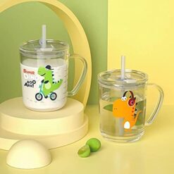 Glass mug with lid and straw is presented in 2 different prints