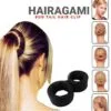 Woman used hairagami bun maker to do her hair. 5 Different hair styles shown at the right hand side using hairagami bun maker.