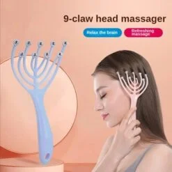 Woman is using pink color claw head massager for scalp massage. On the left blue color 9 claw head massager is shown