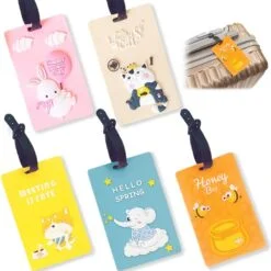 Travel luggage tag shown in different designs and colors with navy blue color strap.