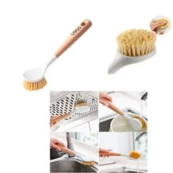 Woman is using wooden handle dish scrub brush for cleaning sink.