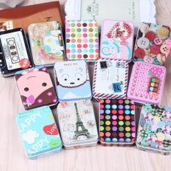 Small tin case shown in 13 different designs, prints, and colors