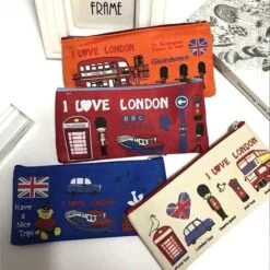 Canvas pencil pouch with the "I Love London" print shown in different colors and prints