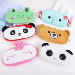 Soft plush pencil case is shown in 6 different patterns and color combinations