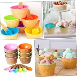 Ice cream filled ice cream bowl with spoon is shown on the right bottom. Ice cream bowl with spoon placed around the cake on the right top. On the left top and bottom, different color ice cream bowl with spoon are kept.