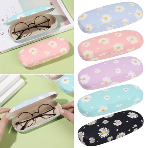 Woman is placing glasses in a sunglasses case. Sunglasses case are presented in 5 different colors and designs.