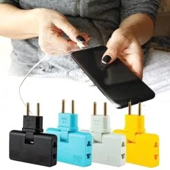 Woman is using EU Plug Adapter. EU Plug Adapter is shown in black, blue, white, and yellow color