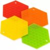 Hexagon shape yellow, red, orange, and green color hot pot mats.