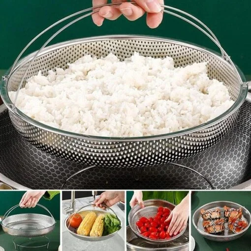 Woman is using stainless steel steamer for steaming rice.