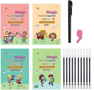 Sank Magic Practice Copybook Set Fun Learning: Sank Magic Practice Copybooks for Early Learners A set of four colorful Sank Magic Practice Copybooks stacked neatly. The vibrant covers feature engaging illustrations like letters, numbers, and animals.