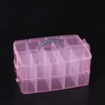 Two-layer, 20-grid storage organizer box made of clear plastic with a pink color snap-shut lid.