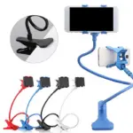 Lazy Bracket Mobile Phone Stand Hands-Free Viewing: Lazy Bracket Mobile Phone Stand for Comfort A flexible, adjustable lazy bracket mobile phone stand securely holding a smartphone in a horizontal position. The stand features a long, gooseneck arm attached to a stable base.