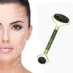 A collage showcasing the benefits of using a jade roller, such as reduced puffiness, improved circulation, and a glowing complexion