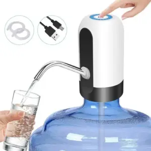 A person holding a portable water dispenser with a bottle attached at the bottom. The person is pressing a button on the dispenser, and water is flowing into a glass.