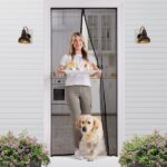 Magic Mesh Screen Door in Use A person walking through a doorway with a Magic Mesh Screen Door installed. The screen door is closed with the magnetic closure, but allows fresh air to pass through.