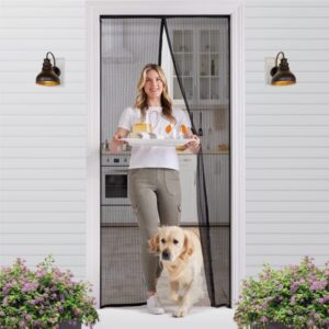 Magic Mesh Screen Door in Use A person walking through a doorway with a Magic Mesh Screen Door installed. The screen door is closed with the magnetic closure, but allows fresh air to pass through.