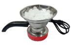 Modern Design: Electric Steel Dhoop Dani for Elegant Home Fragrance A modern Electric Steel Dhoop Dani made of stainless steel, with a glowing heating element and a dhoop cone placed on the plate.